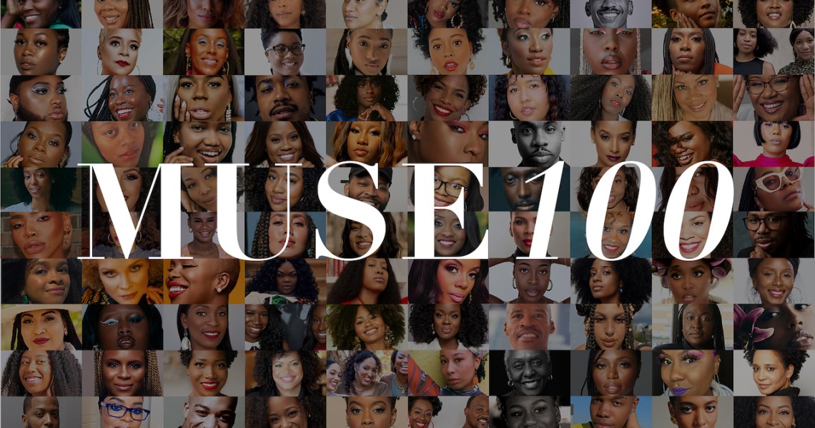 Photograph of a collage of headshots with the words "Muse 100" in the center.