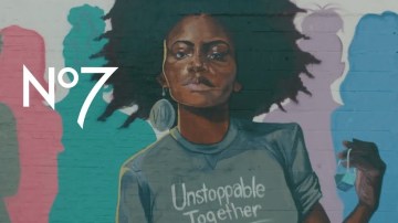 Promotional image from No7 featuring a black woman wearing a shirt that says "Unstoppable Together."