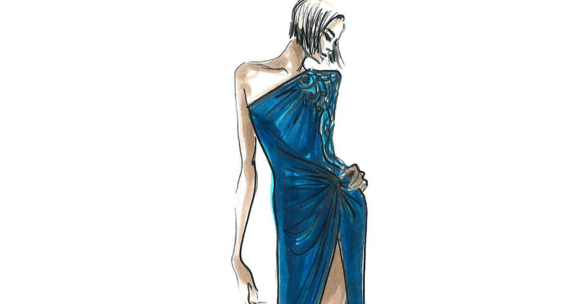 The h eader image shows a fashion design drawing of a woman in an evening gown.