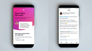 Two screenshots of Twitter's new communities and super follows features.