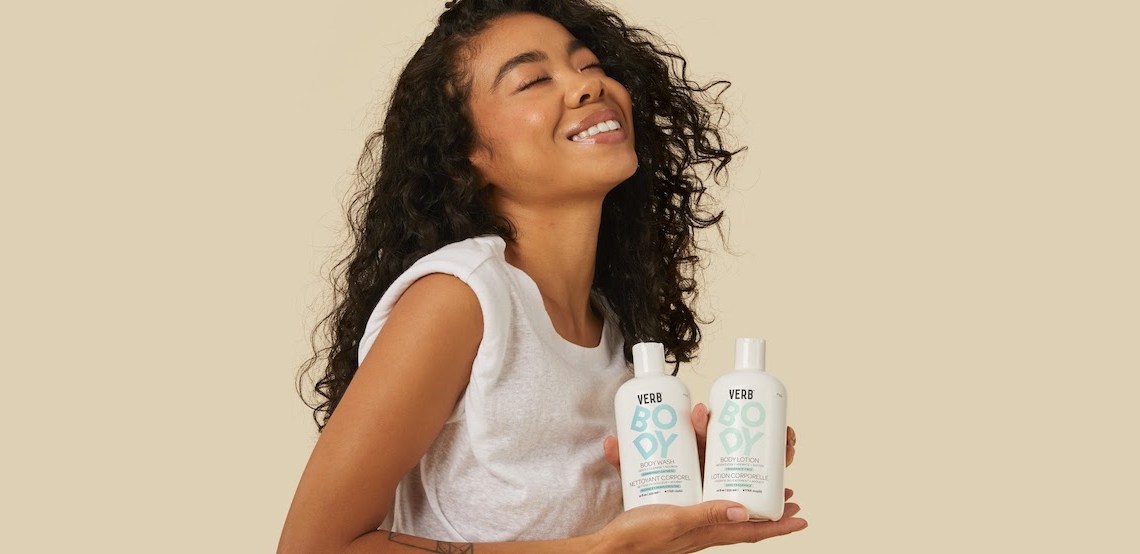 The lead image shows a woman holding Verb body lotion.