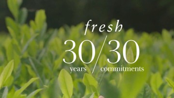 Photograph of leaves with the words "Fresh 30 Years / 30 Commitments.'