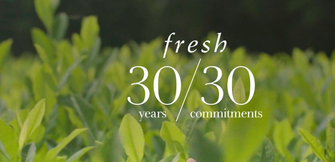 Photograph of leaves with the words "Fresh 30 Years / 30 Commitments.'