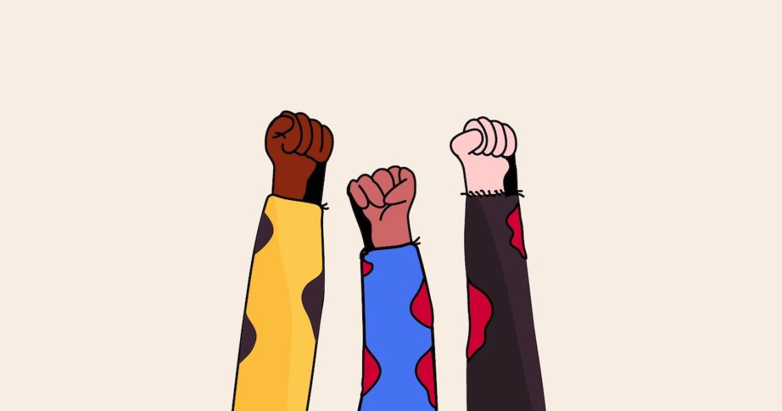 Illustration of three fists raised in protest.