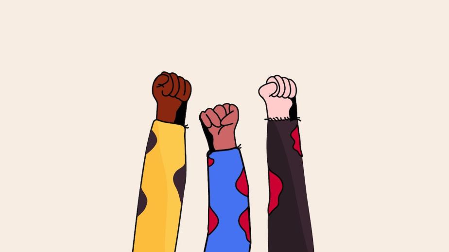 Illustration of three fists raised in protest.