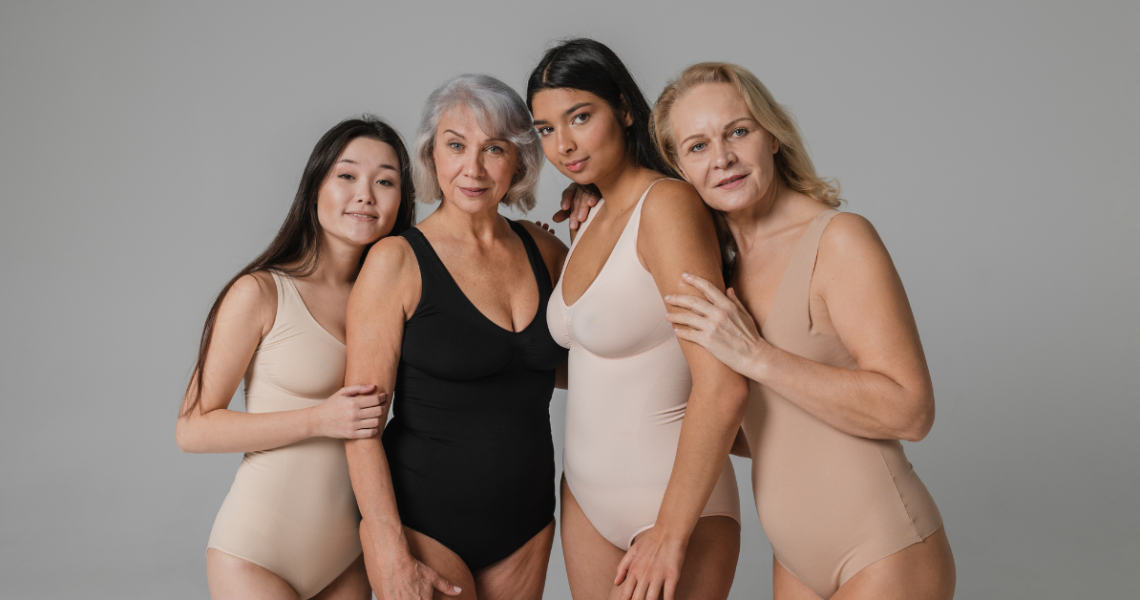 four women of different ages wearing shapewear. representing shapewear brand breaking through the noise with marketing.